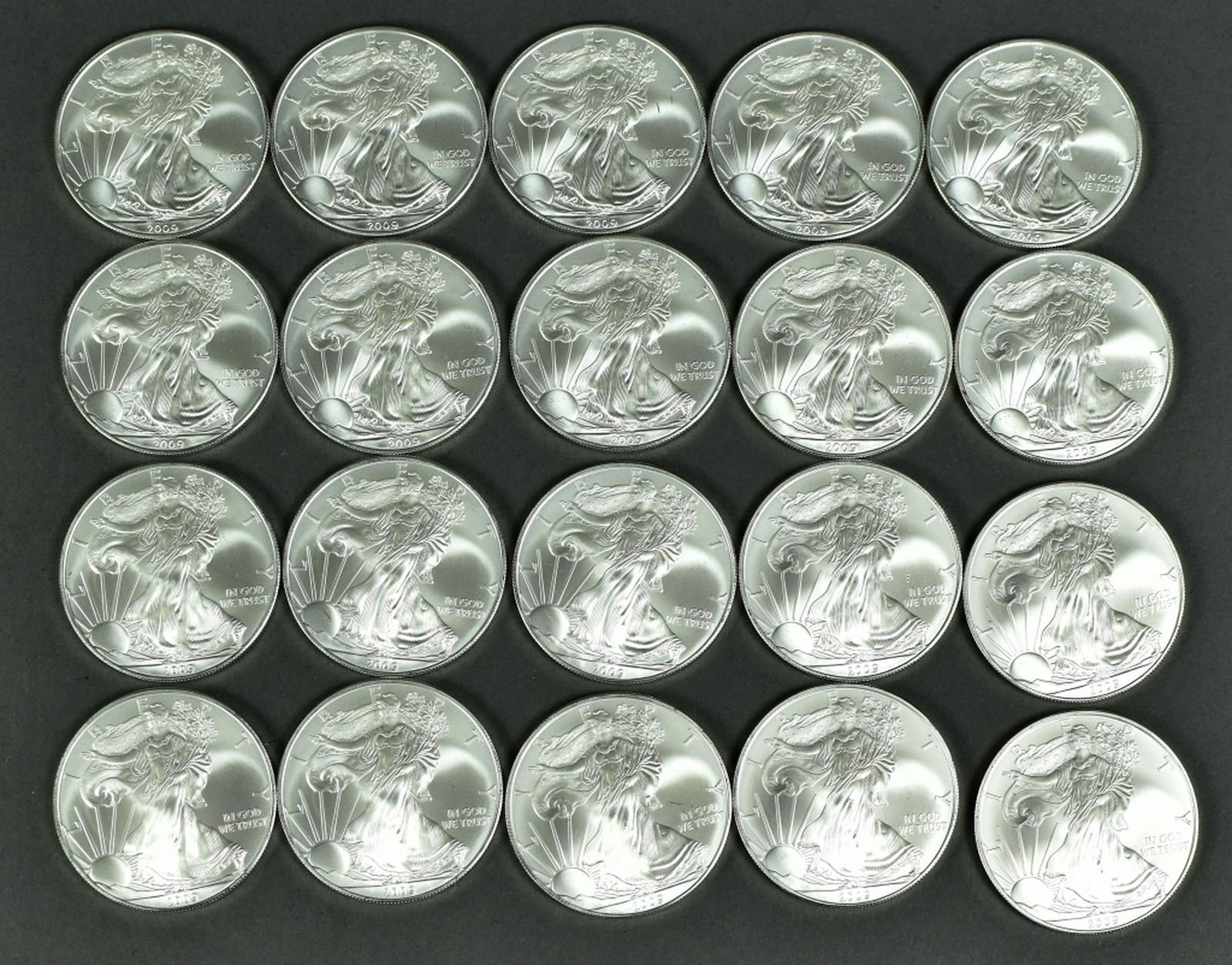 Tube of 2009 Silver Eagles: All BU-Gem BU. 20 coins total. Great investment lot.