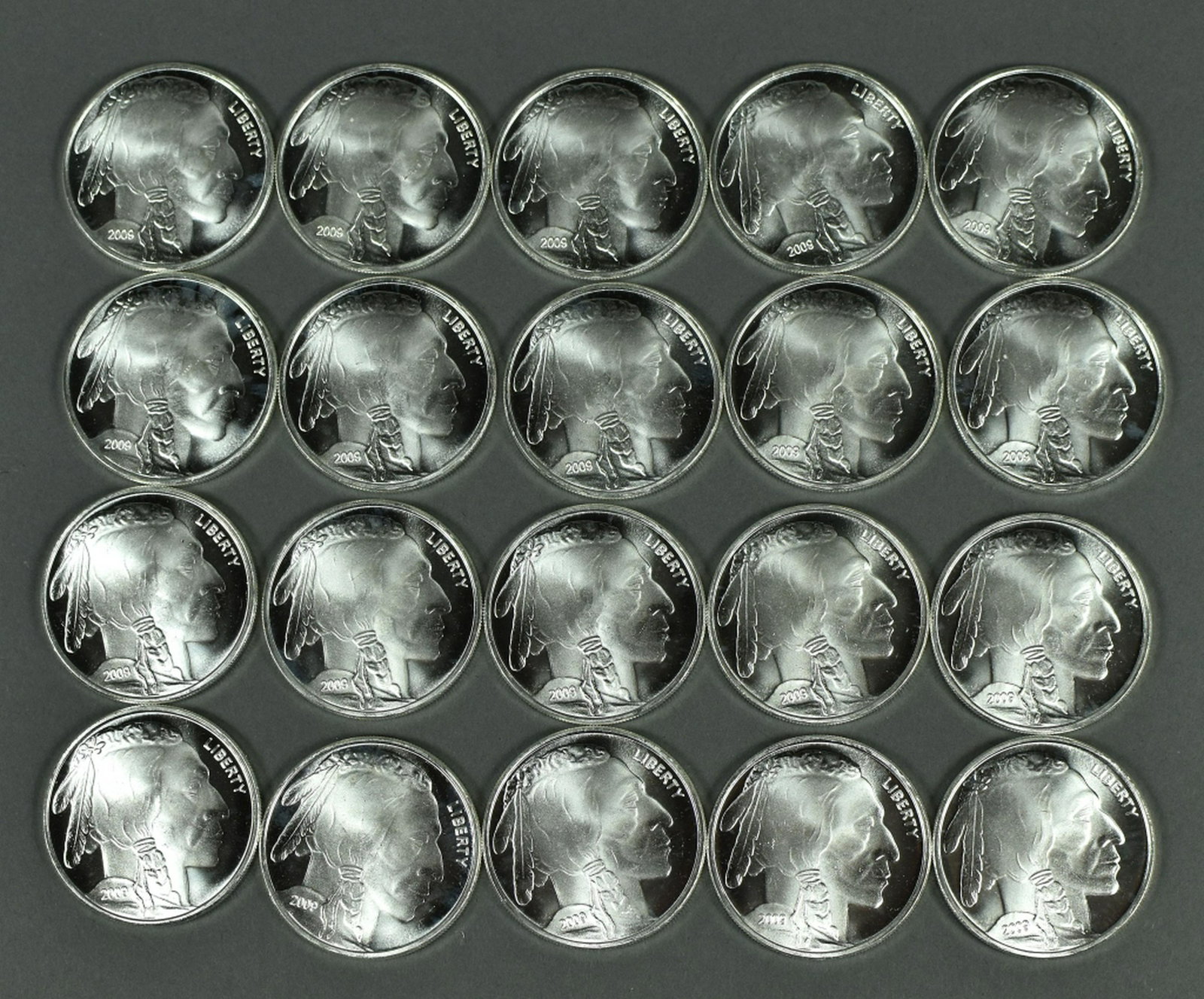 Roll of 2009 Indian/Buffalo Silver 1 oz. Rounds: 20 coins total. All BU - Gem BU grades. Solid investment roll.