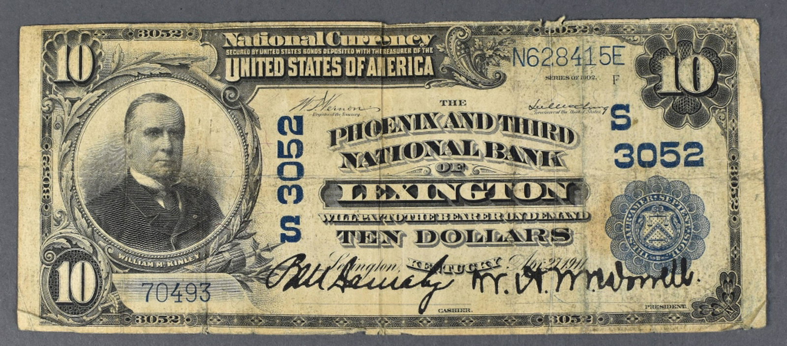 Series 1902 Blue Seal $10 National Currency: From Phoenix and 3rd National Bank of Lexington, Ky - charter #3052. Grades decent VG.