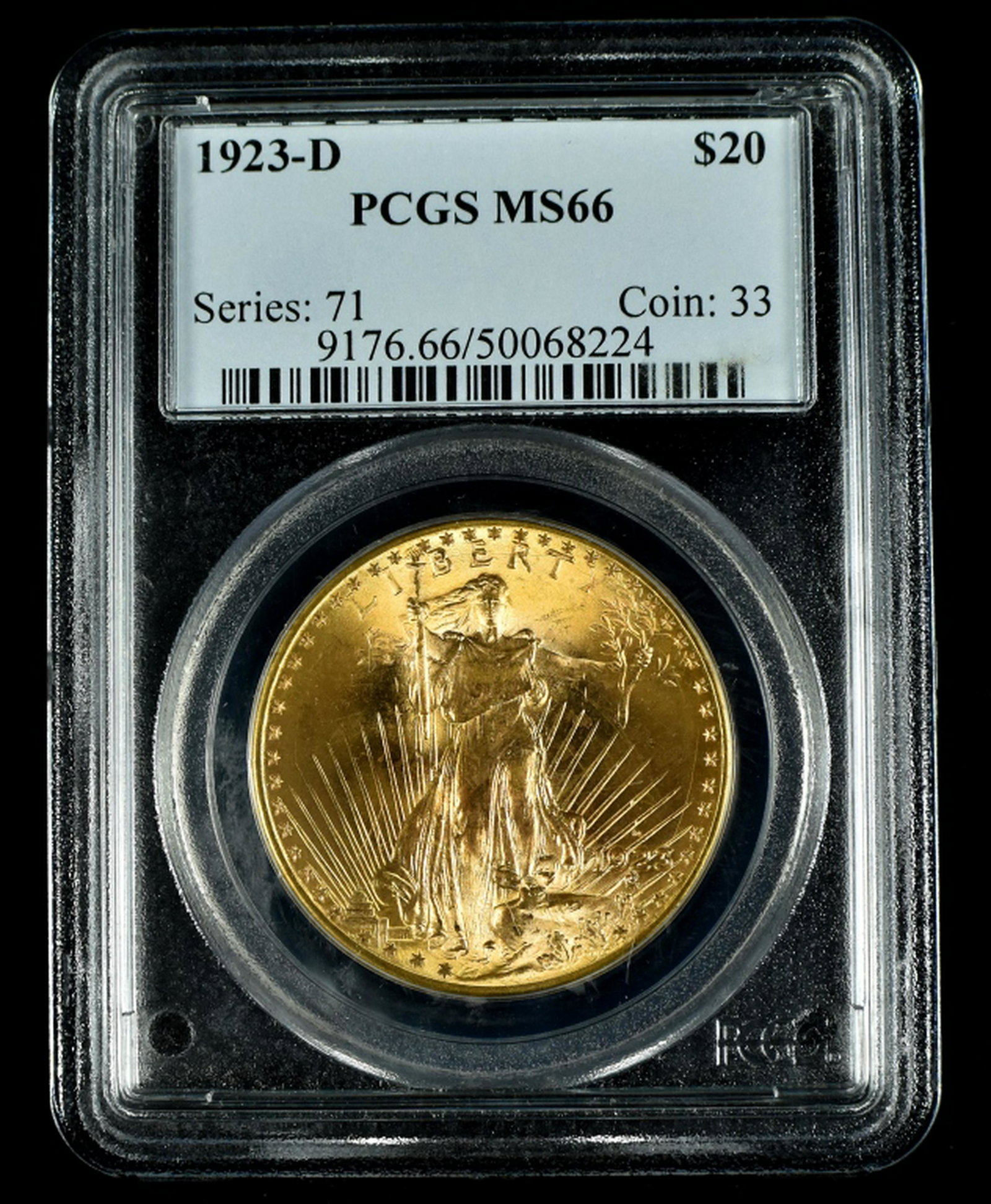 1923-D St. Gaudens $20 Gold Coin: This better date coin is graded ***MS 66 by PCGS***. Worthy of any collector or investor.