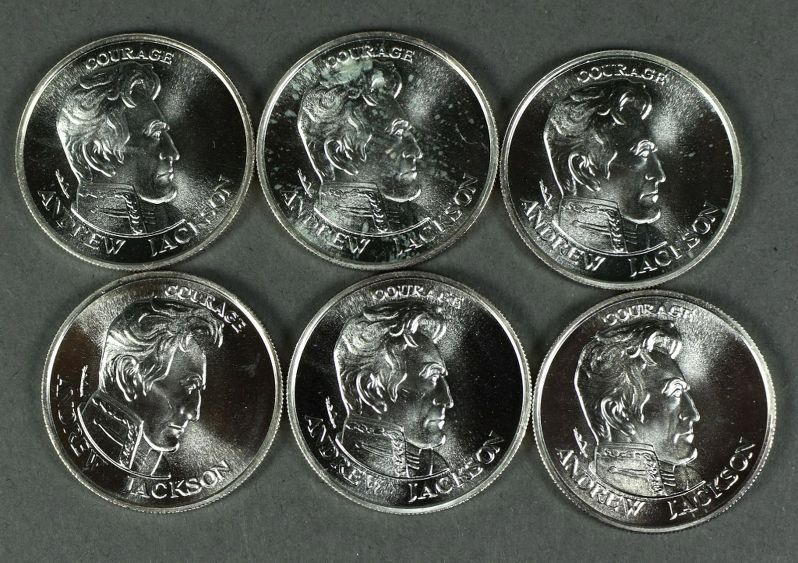 Six 1/2 Oz. Jackson-Liberty Lobby Silver Rounds: Dated 1980 (240 grains per coin). .999 Fine Silver.