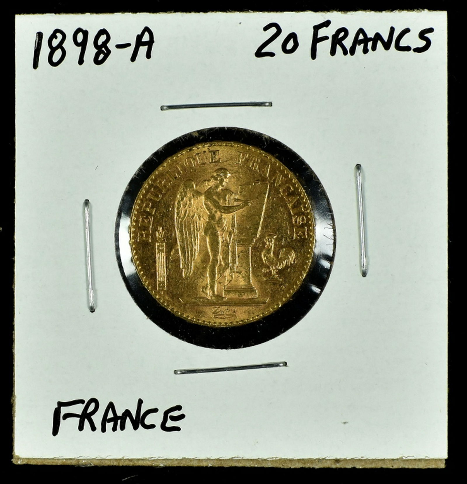 1899-A Twenty Francs French Gold Coin: "Guardian Angel" in AU-BU condition. Contains .1867 Troy oz. of gold. Nice investment coin.
