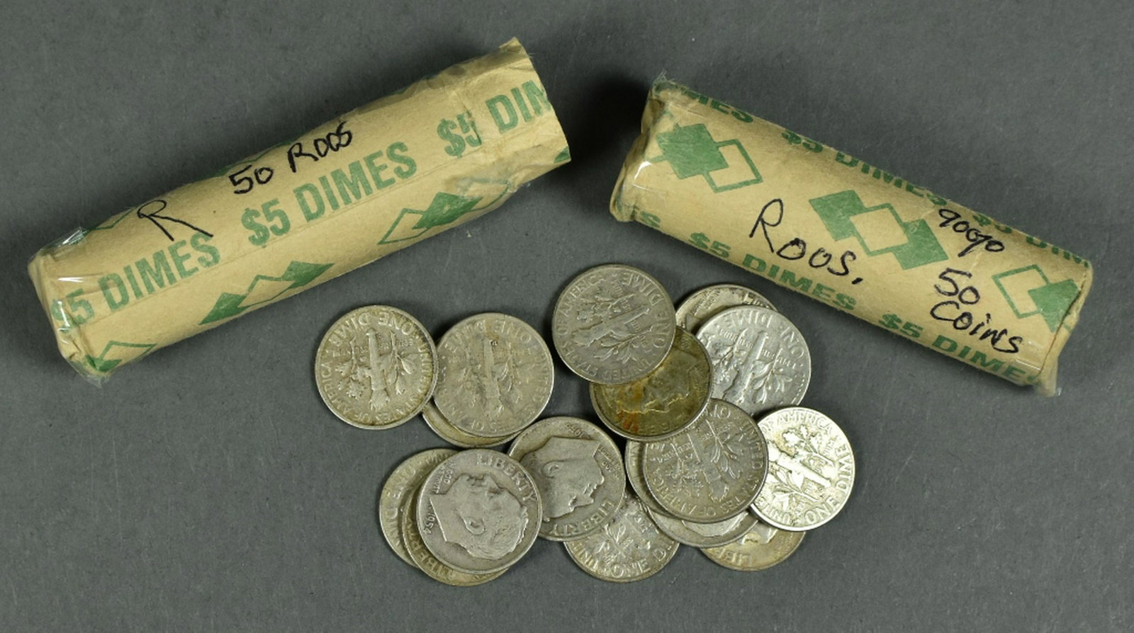 Two Rolls of 90% Silver Roosevelt Dimes: Various circulated dates. 100 coins total.