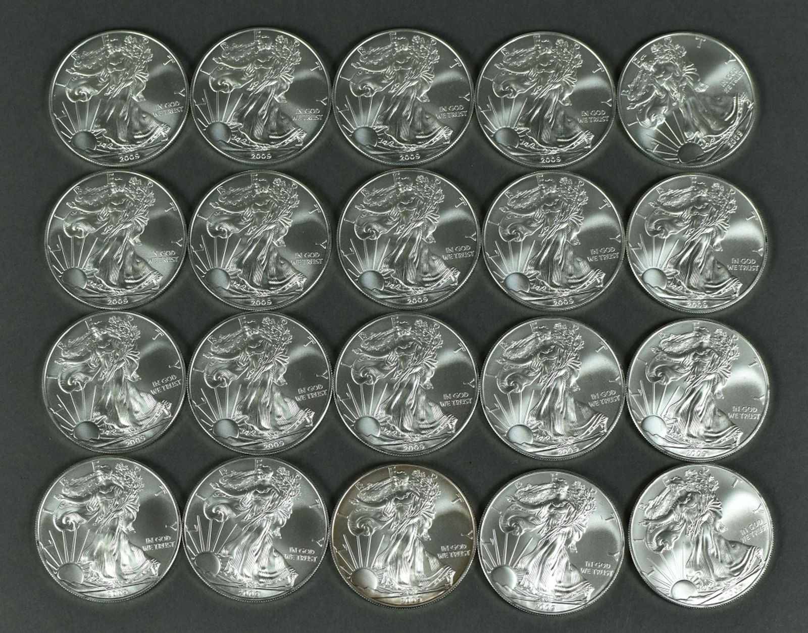 Tube of 2009 Silver Eagles: 20 coins. All BU grades. Great investment roll.