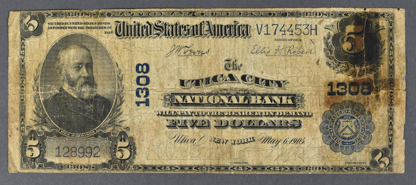 Series 1902 Blue Seal $5 Currency: From Utica City, NY National Bank - charter #1308. Repaired and grades AG-G.