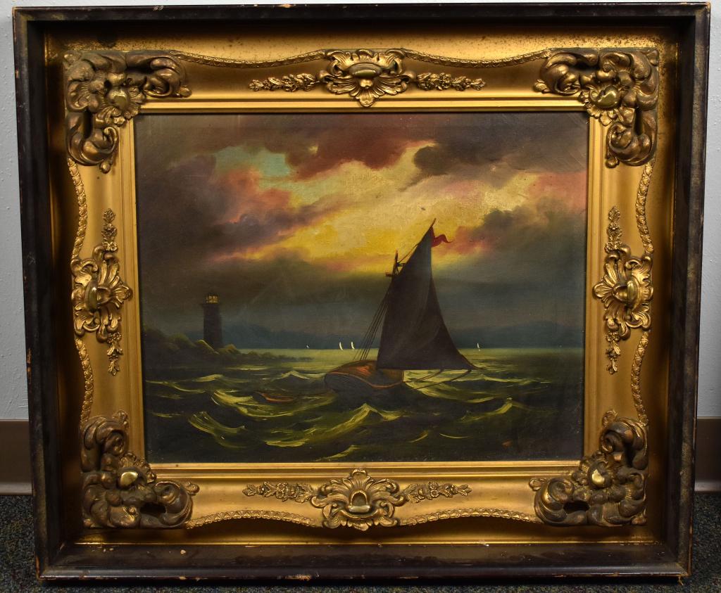 Oil on Canvas of Sailboat and Lighthouse (1 of 5)