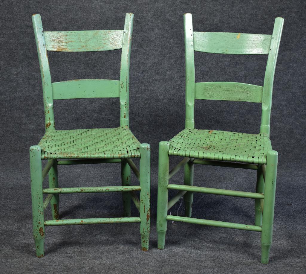 Two Country Shabby Chic Ladderback Chairs: Not a matched pair but painted in the same milk paint color. Fair to good condition with wear, scuffs, and splits. 33"H.