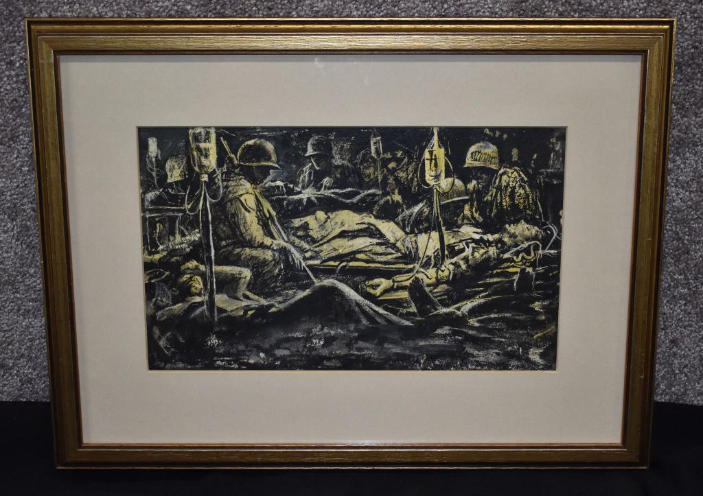 Original War Medic Scene Art by Robert L.Benney: Combat artist b. 1904 d. 2001. Obituary taped to the back along with a note that reads "Robert Benney 6/83 350.+30.00. Framed dimensions are 18.5" x 13.75"