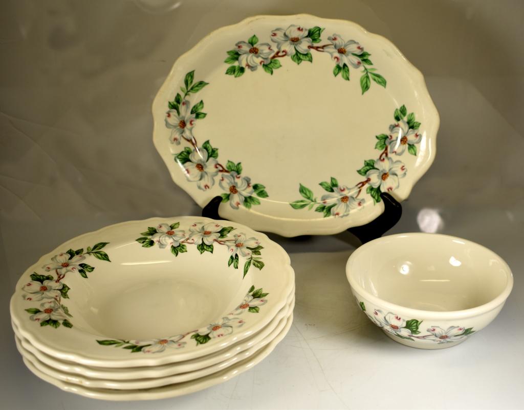 Hotel Roanoke Platter, Bowl, and Soup Bowls: In Dogwood Pattern. All marked "Syracuse China/USA" on bottom. Includes 4 soup bowls, one small bowl, and one platter. All in good condition, small bowl has blue coloring on glaze in bottom of bowl. P
