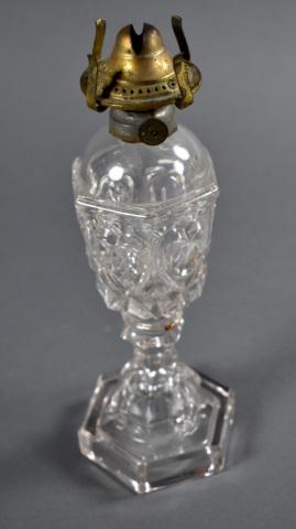 Flint Glass Whale Oil Lamp: Pressed hearts pattern, 19th Century, with burner. 10.5"H.