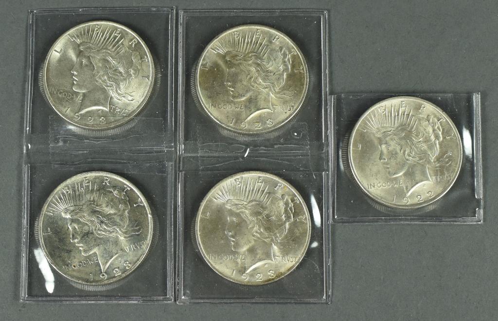 Five Uncirculated Peace Dollars (1 of 2)