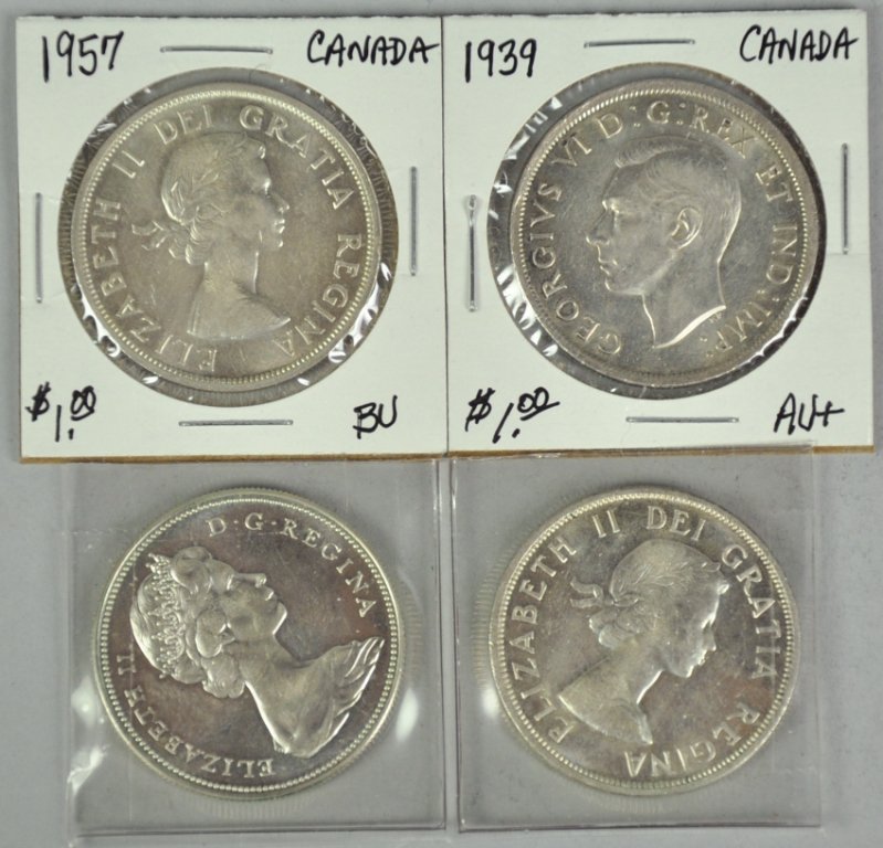 Four Canadian Silver Dollars: All high grades. Includes 1939 (AU+), 1957 (BU), 1958 Totem Pole (BU), and 1867-1967 Canadian Goose (BU).