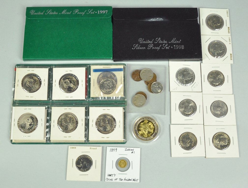 US Coin "Grab Bag": Includes 1998 Silver Proof Set, 1997 Clad Proof Set, two Buffalo Nickels, six Lincoln Wheat Cents; complete Anthony Dollar Set 1979-1981 P,D,S including Proof issues plus eight additional Anthony Doll