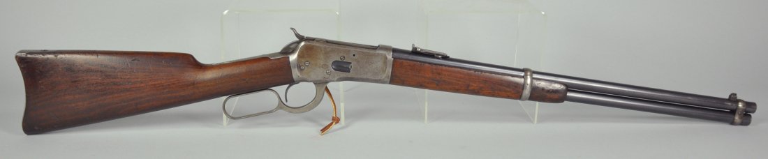 Winchester Model 1892 Carbine Registration require: In .38 WCF. Serial #643633. Receiver, buttplate, and bands are grey to brown. Barrel and tube have 90%+ blue with some thinning. Bore is very good. Saddle ring present. Stock is good to very good with