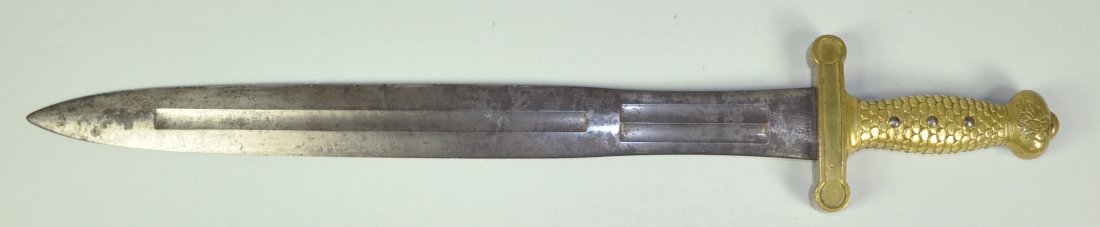 Model 1832 US Artillery Short Sword: Blade is marked ""United States 1838"" and eagle over ""N.P. Ames Springfield"". Blade is brown with nicks at edges and areas of pitting. Cross guard is marked ""J.A. JB, M, S. Huse Newburyport"". Bra