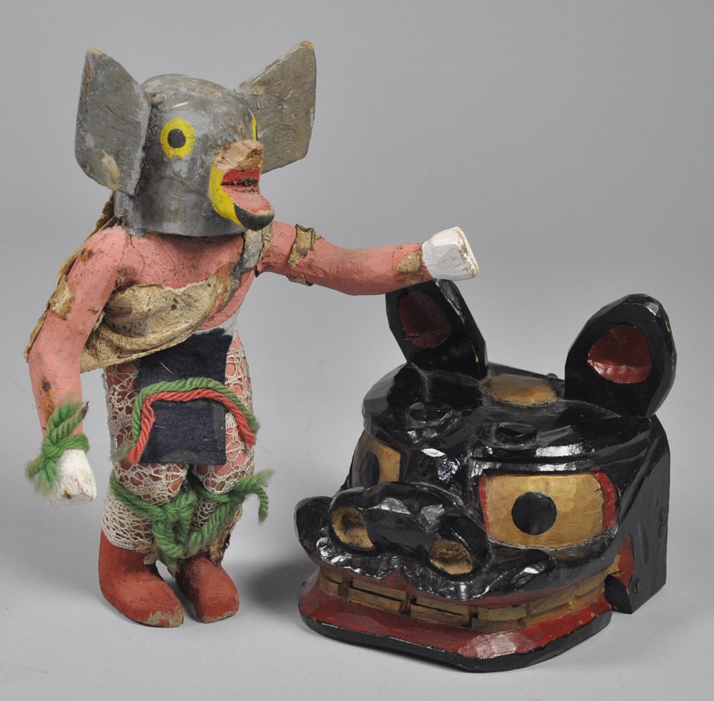 Northwest Coast Bear Hand Puppet & Hopi Mouse Warr: 4 1/2"" x 4"" x 4 1/2"" carved cedar hand puppet with articulated jaw; second half of the 20th Century; good condition. 8"" carved wooden Hopi Mouse Warrior Kachina with paint, fabric, and yarn embell