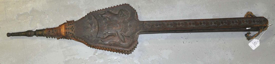 English Long-Handled Bellows: English Long-Handled Bellows Carved oak. As found condition. Leather torn. 45 1/2"" long.