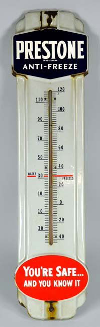 Enamel Prestone Anti-Freeze Thermometer: Enamel Prestone Anti-Freeze Thermometer Chips in enamel around the top and bottom. Minor rust. 36"" x 9"".