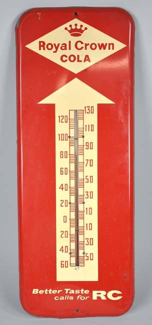 Red and Cream Royal Crown Cola Thermometer: Red and Cream Royal Crown Cola Thermometer Dated 1947. Minor bends in top and bottom. Light scratches. Overpainted along edges. Made by Donasko. 25 1/2"" x 10"".