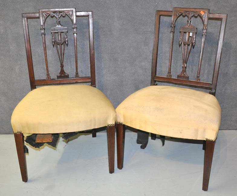 Pair of Carved & Inlaid Hepplewhite Side Chairs: Pair of Carved & Inlaid Hepplewhite Side Chairs Circa 1800. Mahogany. As found condition, with wear and repaired breaks.