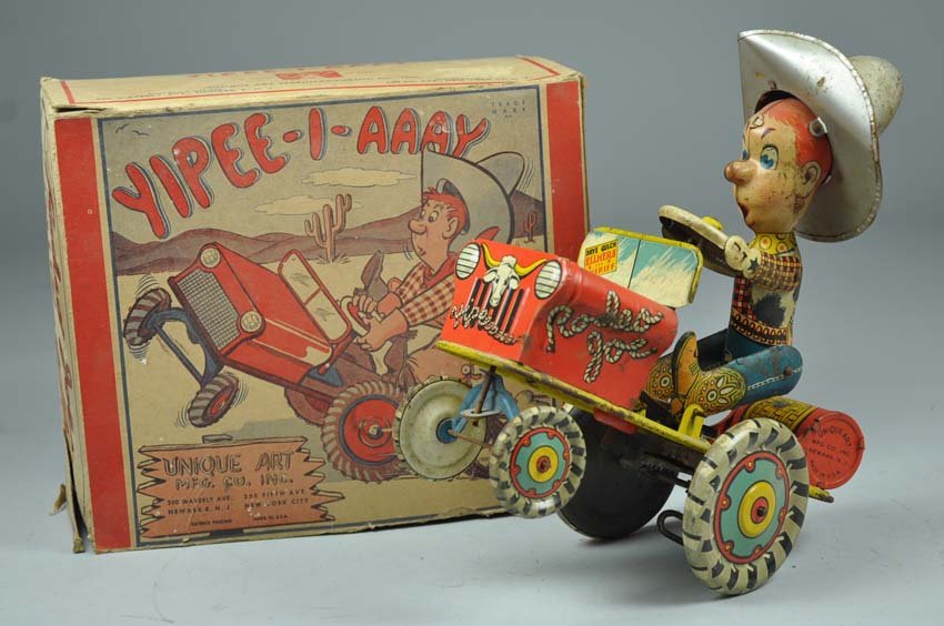 Unique Art Rodeo Joe Windup: Unique Art Rodeo Joe Windup In working order. Lithograph shows minor wear. Rust to hat. Original box missing bottom flap. Tear on left side of box and minor silver fish damage. Box is 7"" x 8 1/2"" x 