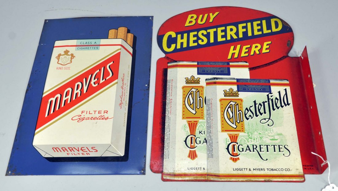 Two Metal Cigarette Signs: Two Metal Cigarette Signs ""Buy Chesterfield Here"" flange sign, double sided; 12"" x 16 1/4""; minor rust and some chipped paint (paint is 95%). Plus, Marvels filter cigarette sign, 14 3/4"" x 10""; 