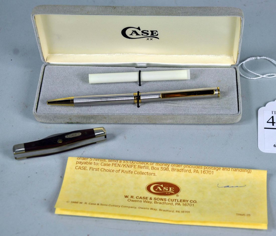 Two Case Knives: Case pen / knife in soiled box; a ball point pen with small knife blade and nail file; extra ball point refill also included. Plus, Case U.S.A. with 7 dots three-blade 6333 SS; tip of blade is slightl
