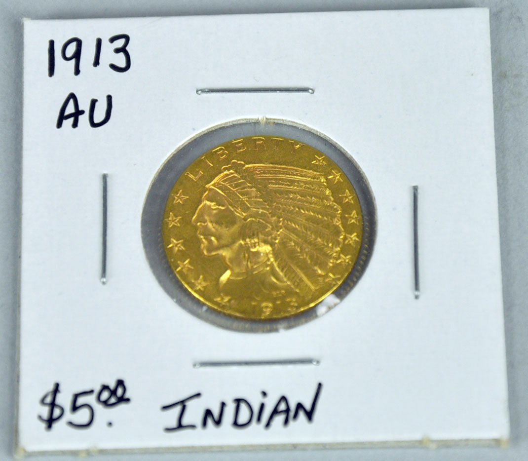 1913 Indian Head $5 Gold Coin: 1913 Indian Head $5 Gold Coin Nice AU grade. Coin is uncertified but weight matches mint details, both ounce and grams (source: ""Red Book""). Coin has been in possession of family since around 1910-1