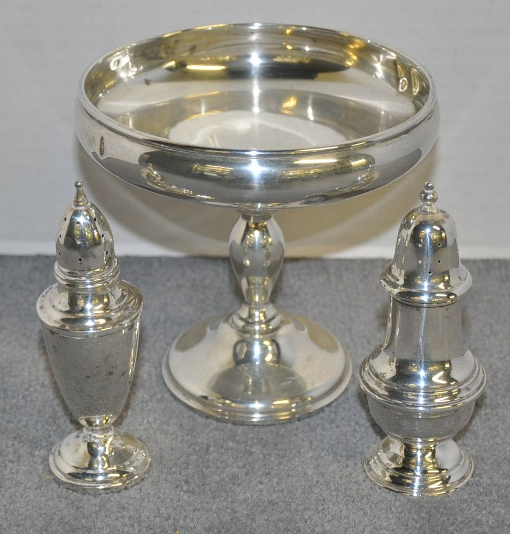 Pair of Sterling Salt & Peppers & Compote: Pair of Sterling Salt & Peppers & Compote 4 1/2"" high. Compote 5"" high.