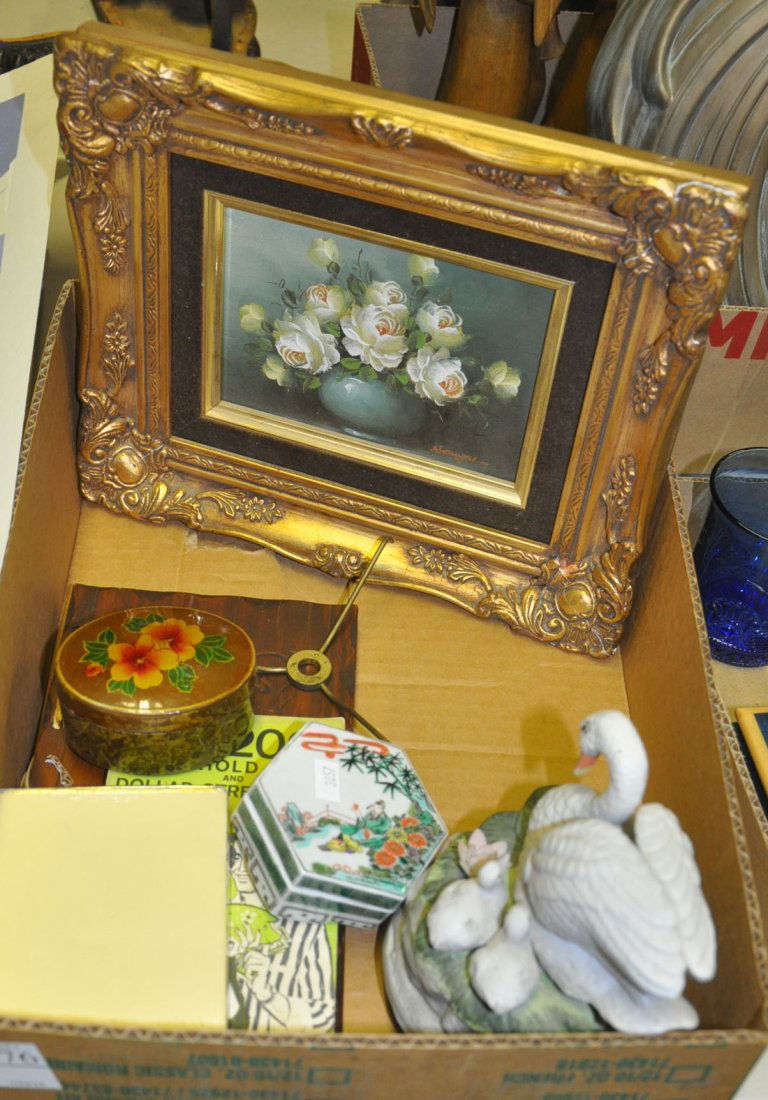 Bx - Small Oil Painting on Board, Music Box, Two: Bx - Small Oil Painting on Board, Music Box, Two Decorative Boxes