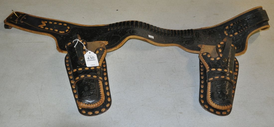 Hand-Tooled Leather Double-Holster Set: Hand-Tooled Leather Double-Holster Set 38"" belt.