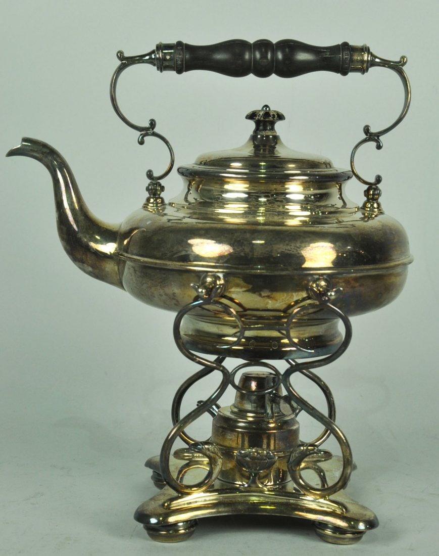 Silver Tea Kettle on Silverplate Warming Stand: Kettle marked 800/Scheel.