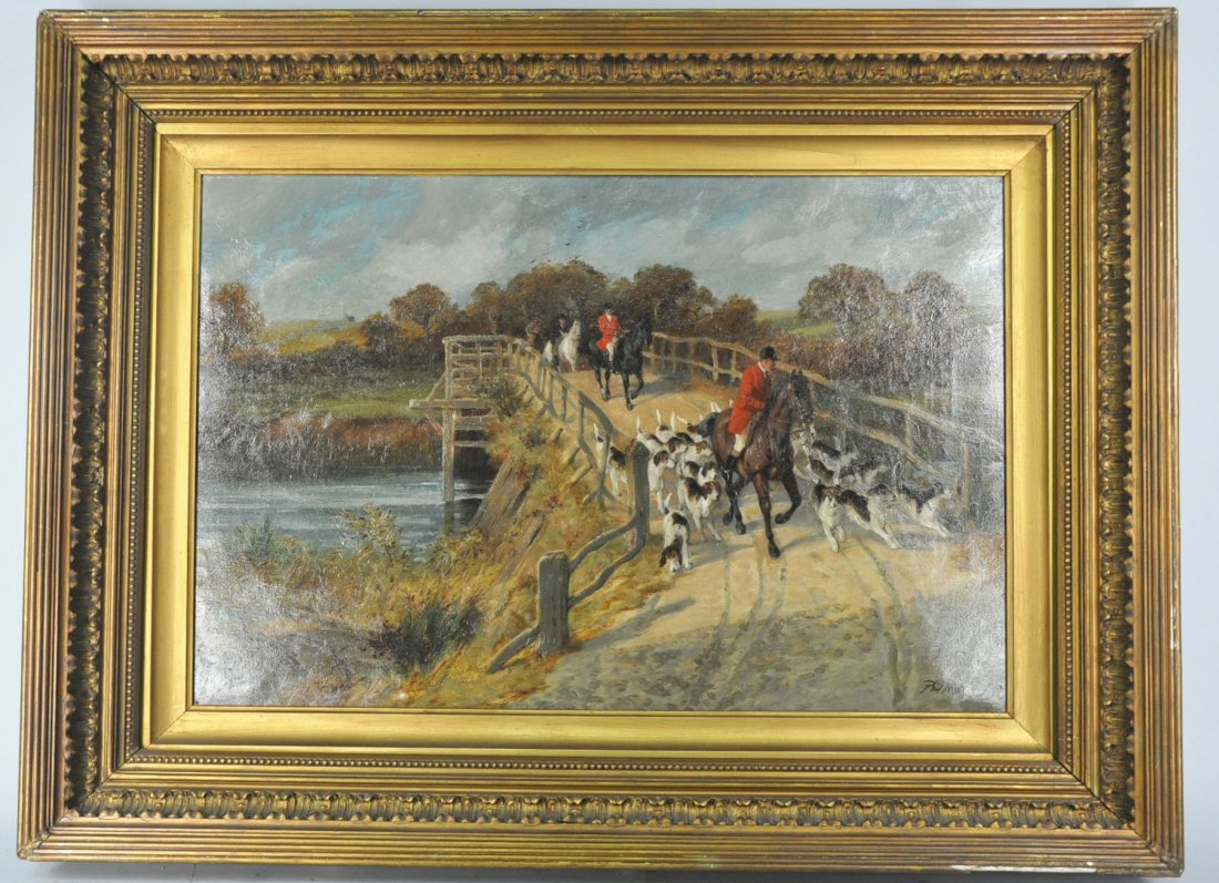 Oil on Canvas: "The Hunt". Fox hunters on horseback in pinks with hounds crossing bridge over stream. Signed lower right "Phil Morris". 20" x 31" s.s., in period gilt and gesso frame to 35" x 40".