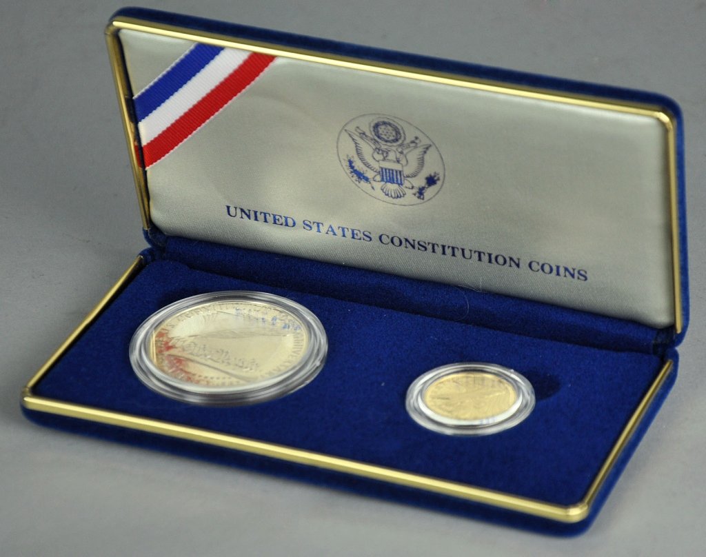 Two Coin Constitution Proof Set: Contains 1987 Silver Dollar and 1987 Gold $5.00 coin. Great collectable or investor lot.