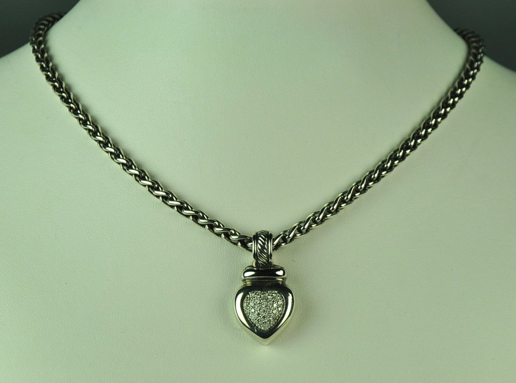 David Yurman Pave Diamond Heart Necklace: 18K and sterling diamond heart pendant. Measures 30.5mm x 17mm. Sterling wheat chain measures 4mm wide and 17" long. Weighs 33.9 grams total.