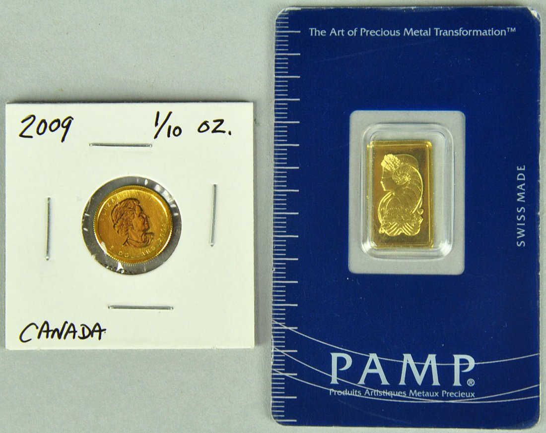 2009 Canadian 1/10 oz. Gold Maple Leaf Coin: Plus a Suisse 2.5 gram gold ingot (PAMP).