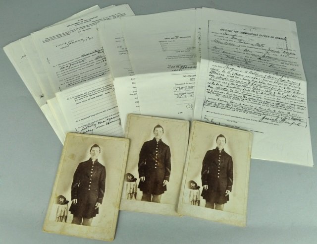Group of Post Civil War Photos of William Betz: Includes three post war cabinet photos of a period CDV image of William Betz 204th PA Infantry. Includes photo copies of a service record and disability pension for war injuries. Photos show wear and 
