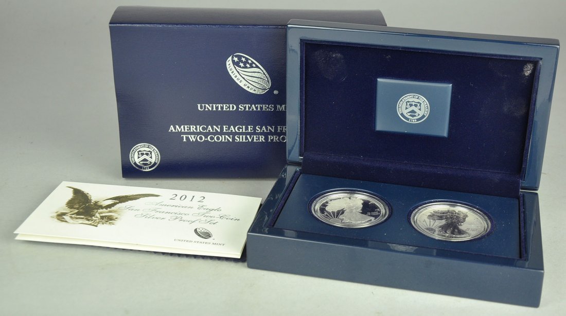 2012 Two-Piece San Francisco Silver Eagle Set: Comes with Proof-Ultra Cameo and Reverse Proof early release coins. In mint issued boxes.