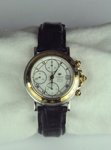 Raymond Weil Parsifal Watch: Face marked "Raymond Weil Geneve Automatic Parsifal." Water resistant 50mm. Sapphire crystal. Choronograph automatic. Stainless steel, #7789. Leather band.
