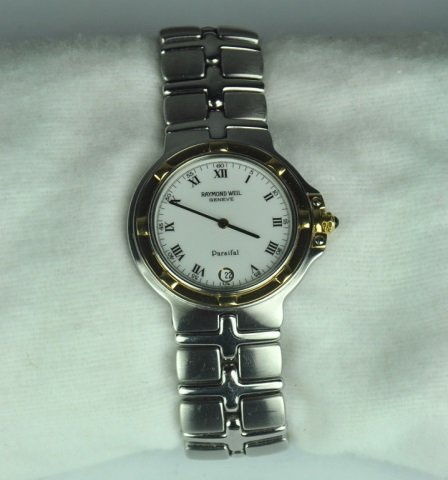 Raymond Weil Parsifal Two-Tone Watch: Face marked, "Raymond Weil Geneve Parsifal." With white dial, Roman numerals, date aperture. Case stamped, "A154768 9188." Stainless steel, stainless band damaged.