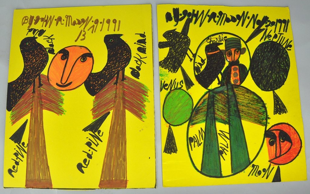Folk Art Drawings by John R. Mason: American - Norfolk, VA, 1900-1997. Two color marker drawings, both dated Nov. 1991. The first is two Black Birds sitting in the tops of two Red Pines with the moon in between. The other depicts a man 