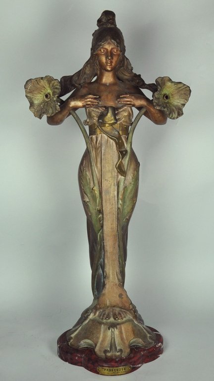 Figural Art Nouveau Lamp: In cast brass or spelter with bronzed patination. On four lobed marble base. Identified with artist plaque "Passerose/ par Ant. Nelson." Possibly by Anton Nelson (1880-1910). Of young woman in flowing