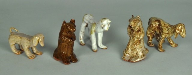 Five North Carolina Pottery Animals: By DKS (Doris King Stevens). Including three goats and two squirrels. Tallest is 3 1/4" H. From the collection of Howard and Anne Smith of Mayodan, North Carolina.