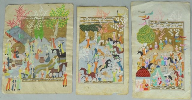 Three Mughal Watercolors: 19th century. Scenes of battle and hunting. Persian text in captions and on verso. Sizes, 9 3/4" x 7 5/8"; 10 1/2" x 6 1/4"; and 9 1/2" x 5 3/8".