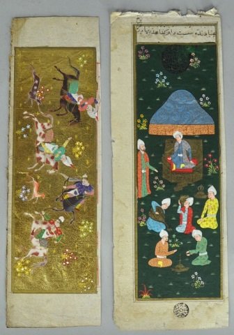 Two Mughal Watercolors: One is a hunting scene with archers on horseback and dog hunting deer. Heavy gold background. Unframed. Sheet size, 3 3/8" x 12". And, scene of royal figure and attendants in a meadow. Fraying to top 