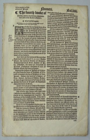 "Great Bible" Leaf: Printed early 1600's. "The Fourth Book of Moses, called in the Hebrue, Baiedabbar, and in the Latyn, Numeri." Light soiling on edges. 16 1/4" x 10 3/8".