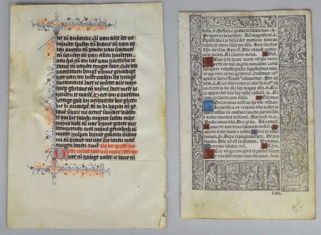 Two Illuminated Leaves: One is 22 lines with capital and some text in red, with blue and red decoration. Language is Germanic/Scandinavian (?). 7" x 4 7/8". The other is a woodblock with text surrounded by religious woodcuts