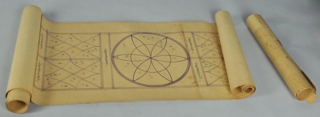 Buddhist Astrological Chart: Circa 1900. In the form of a scroll. Purple ink on tan paper. Fragile, but good condition. 138" L. x 8 1/2" W.
