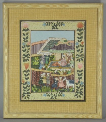 Mughal Watercolor on Fabric: 1900s. Royal figure in tent pavilion surrounded by supplicants and attendants. Excellent quality. 12 1/8" x 9 7/8" s.s., framed and matted to 17" x 14 3/4".