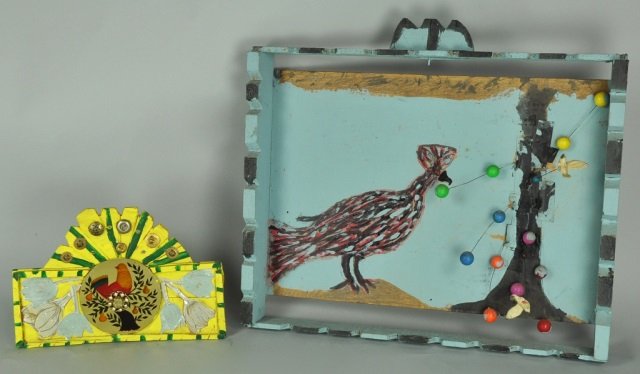 Two Folk Art Constructions by Willie Massey: American - Kentucky, 1906-1990. Massey was a sharecropper most of his life, but began making folk art after the death of his wife in 1955. Including painting of bird and tree in constructed frame, 15 